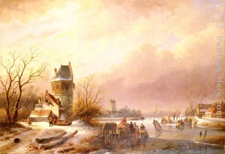Andreas Schelfhout Skaters On A Frozen River